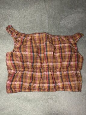 American Eagle Outfitters Pink and Brown Plaid Crop Top with Orange Accents